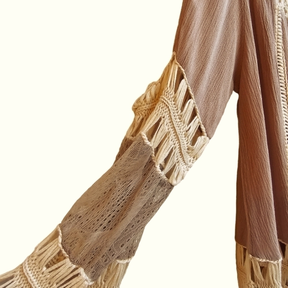 Umgee Macrame Fringe Tunic in Nude Tan Light Brown, Size Small (Oversized) - Picture 4 of 10